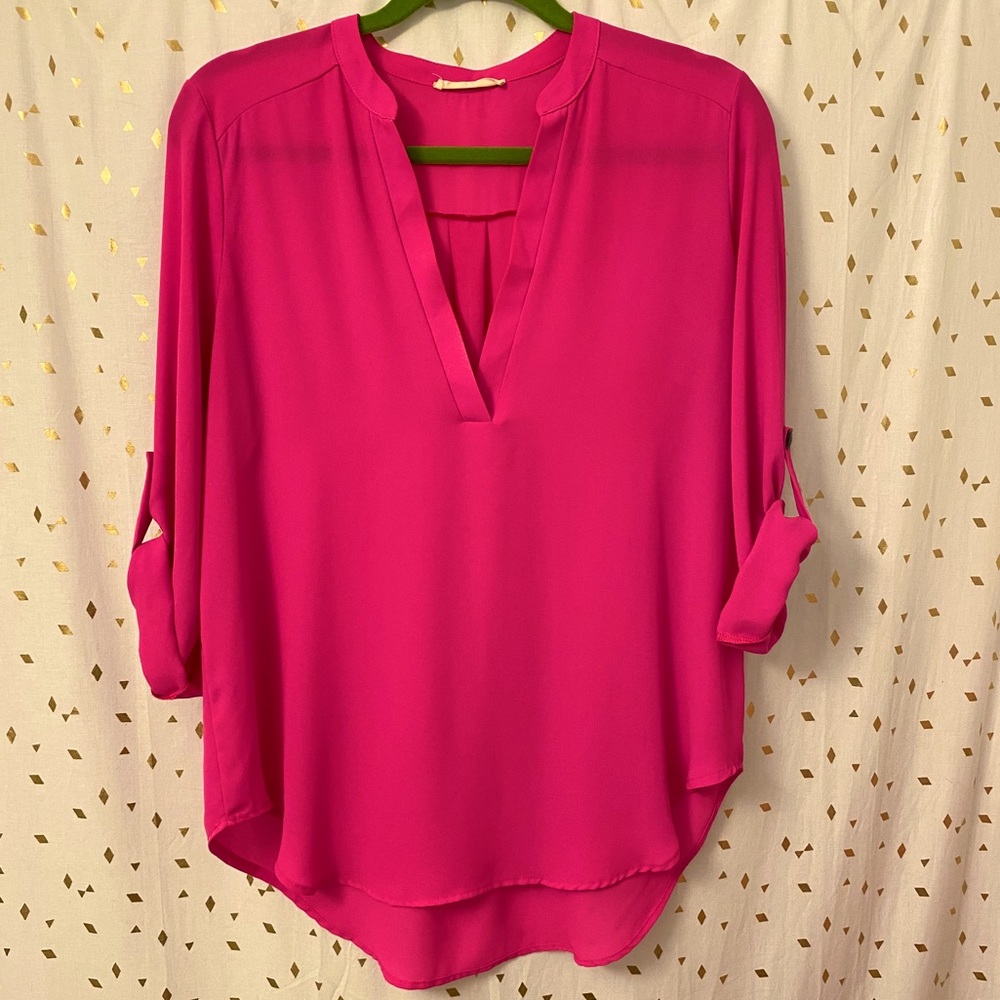 LUSH Hot Pink Split Neck 3/4 Sleeve Roll Tab Shirt